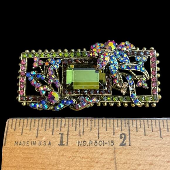 Artsy Bar Rectangular Pin/Brooch Citrine + Multicolored Crystals Intricate New - Picture 4 of 4